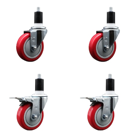 Service Caster 4'' SS Red Poly Swivel 1-1/2'' Expanding Stem Caster Set 2 Total Lock Brakes, 4PK SCC-SSEXTTL20S414-PPUB-RED-2-S-2-112